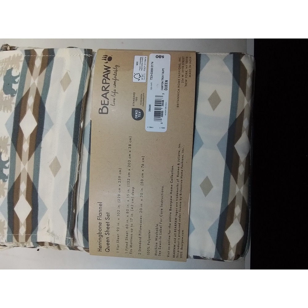 Queen Flannel Sheets-Bear Paw-Queen Size Fitted Set-Herringbone - Picture 2 of 4